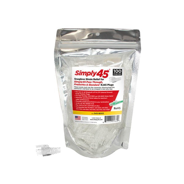 Simply45 - S45-B002 - Integrated Strain Reliefs - Clear - Commercial Rated - for Simply45 Unshielded Pass-Through / Standard RJ45 Cat6/Cat6a Modular Plugs - Resealable Bag of 100