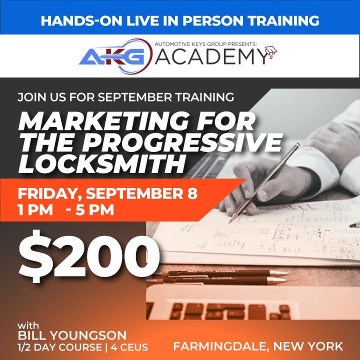 Hands-On Live In-Person Training - Marketing For The Progressive Locksmith with Bill Youngson - 1/2 Day Course - 4 CEU's (September 8, 2023 - Farmingdale, NY)