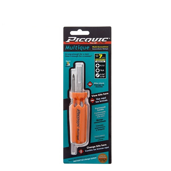PICQUIC - Multique - Multi Bit Screwdriver - W/ P0,1,2, / T6,8 / S 5/32", 3/16" (3/16" hex bits)