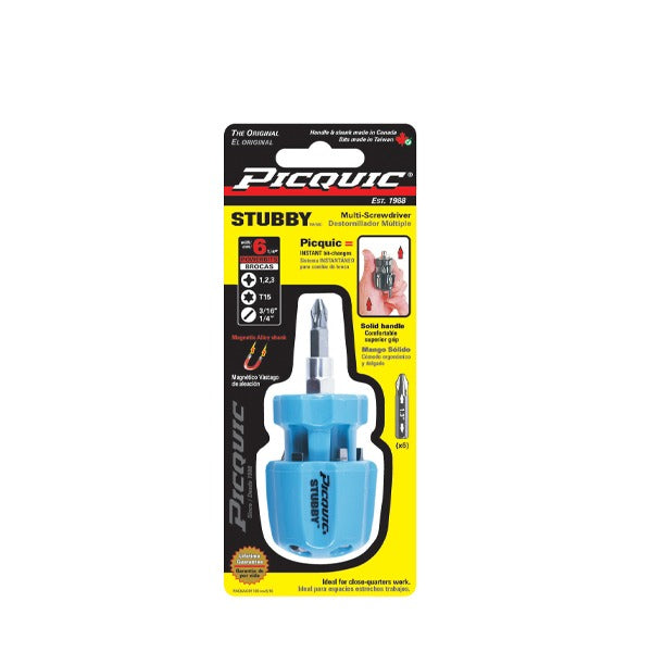 PICQUIC - Stubby - Multi Bit Screwdriver - W/ P1,2,3 / T15 / S 3/16", 1/4" (1/4" hex insert bits)