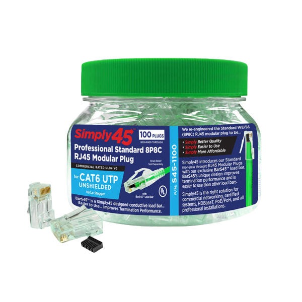 Simply45 - S45-1100 - Unshielded - Standard WE/SS (8P8C) RJ45 Modular Plugs - Green Tint - Commercial Rated - w/ Bar45 Load Bar - for Cat6/6a UTP - Jar of 100
