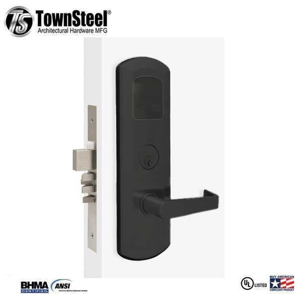 TownSteel - E-Kontos 1B 5000 Series Mortise Lock - Bluetooth - Automated Deadbolt - 2-3/4′′ Backset - Quest Lever Set - Right Handed - Flat Black - Keyed Different - Grade 1