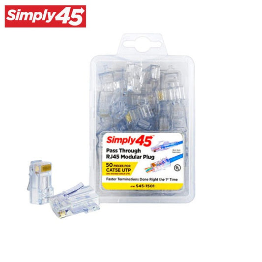 Simply45 - S45-1501 - Unshielded - Pass-Through RJ45 Modular Plugs - Blue Tint - Commercial Rated - for Cat5e UTP Solid / Cat5e/6 Stranded - Clamshell of 50