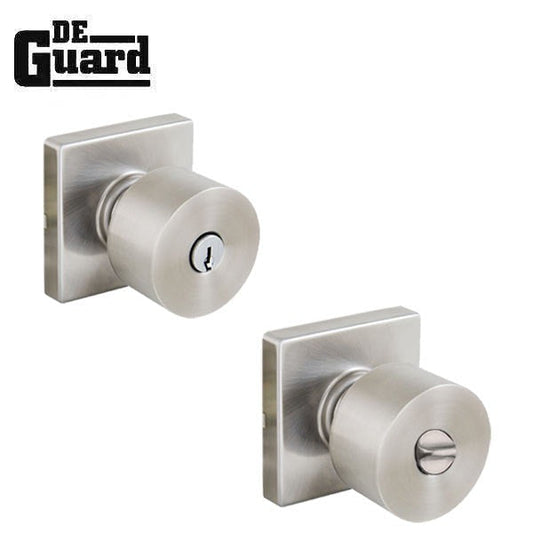 Contemporary Flat Ball Door Knob Set - Entrance - Square Rose - Satin Nickel - Grade 3 (KW1)