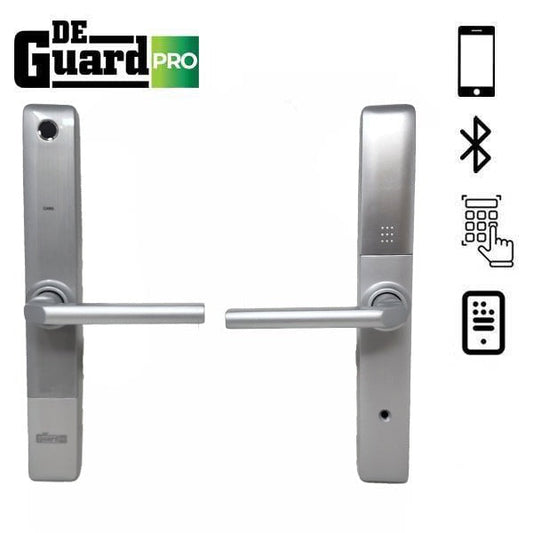 DeGuard Pro - Premium Electronic Keyless Entry Smart Narrow Stile Lever Set - S1B - Sliding Doors - Bluetooth / Fingerprint / RFID / Wi-Fi - IP66 - Silver