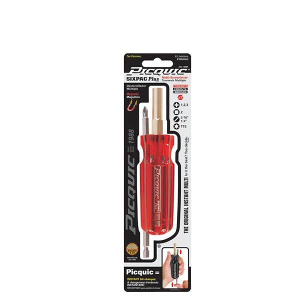 PICQUIC - Sixpac Plus - Multi Bit Screwdriver - P 1,2,3 / R2 / S 3/16",1/4" / T15 (1/4" hex bits)