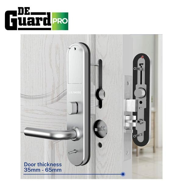 DeGuard Pro - Premium Electronic Keyless Entry Smart Mortise Lock - H85B - Hotel / Multifamily - Schlage Keyway - Bluetooth / Fingerprint / RFID / Wi-Fi - IP55 (Silver | Black)