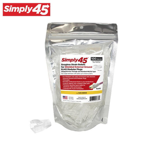 Simply45 - S45-B003 - Integrated Strain Reliefs - Clear - Commercial Rated - for Simply45 Unshielded Pass-Through / Standard RJ45 Cat6/Cat6a Modular Plugs - Resealable Bag of 100