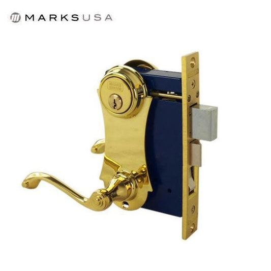 Marks USA - Series 9215AC - Ornamental Iron Mortise Lockset - Single Cylinder - Backset: 2-1/2" - Entrance - Bright Brass - LHR