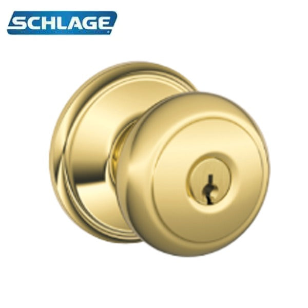 Schlage - F51A - Single Cylinder Keyed Entry - Andover Knob - Bright Brass - Round Rose - Grade 2