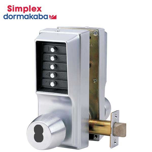 Simplex - EE1021M - Mechanical Pushbutton Cylindrical Knob Set Lock - Double Sided - Entry & Egress - LFIC - 23⁄4" Backset - Satin Chrome