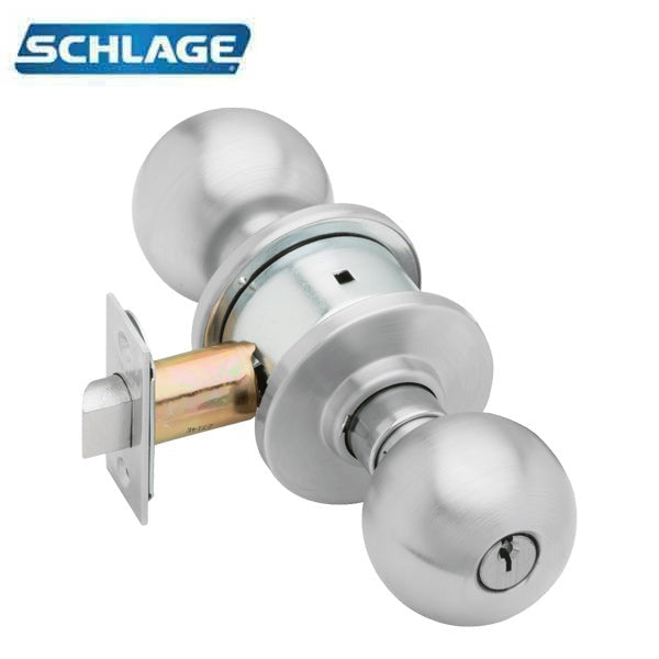 Schlage - A53PD - Cylindrical Lever Set - Entrance - Non-Handed - Satin Chrome - Orbit Knob - C Keyway - Grade 2