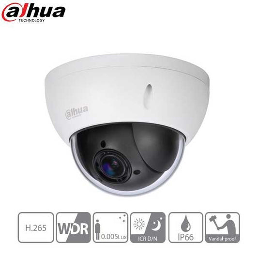 Dahua / IP / 2MP / Network PTZ Dome Camera / Mini / Motorized Varifocal / Starlight / 4x Zoom / 2.7-11mm Lens / WDR / IP66 / IK10 / DH-22204UENI