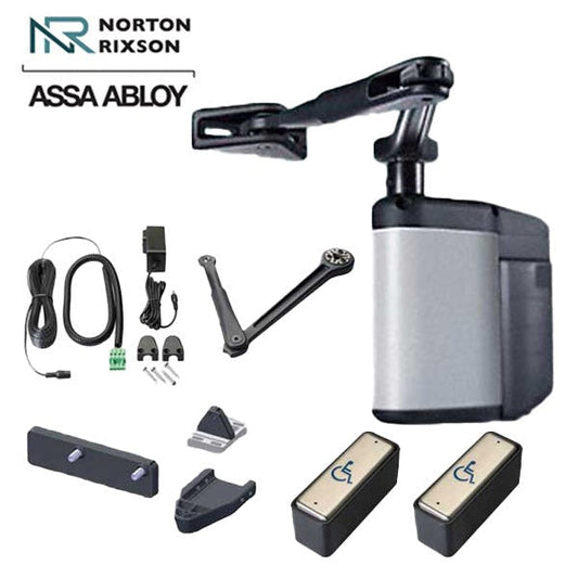 Norton - 5845 - Regenerative Door Operator ADAEZ PRO COMPLETE Kit - Push & Pull Mounting - Narrow Buttons - Satin Aluminum - Grade 1
