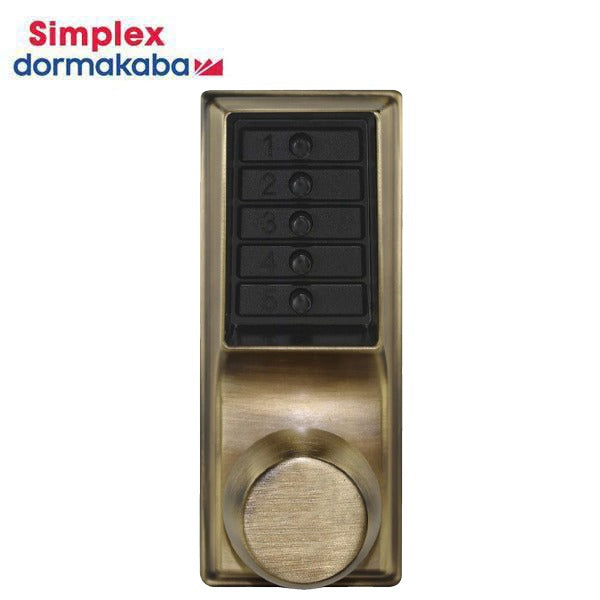Simplex - 1011 - Mechanical Pushbutton Cylindrical Lever Set - 23⁄4" Backset - Antique Brass Finish - Field Reversible