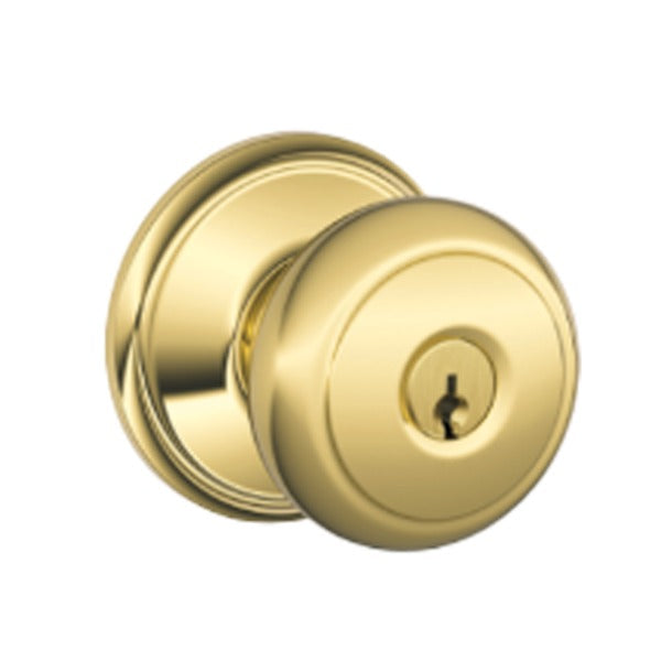 Schlage - F51A - Single Cylinder Keyed Entry - Andover Knob - Bright Brass - Round Rose - Grade 2
