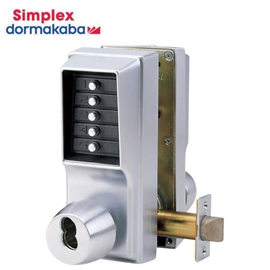 Simplex - EE1021B - EE1011 - Cylindrical Knob Lock - Combination or Key Override Entry - Combination Exit Only - 23⁄4" Backset - 1/2" Throw Latch - Satin Chrome 626/US26D Finish