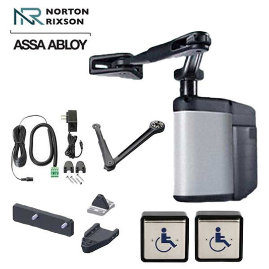 Norton - 5845 - Regenerative Door Operator ADAEZ PRO COMPLETE Kit - Push & Pull Mounting - Square Buttons - Satin Aluminum - Grade 1