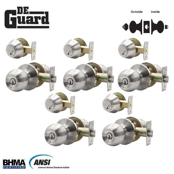 5 x Premium Combo Lockset - Stainless Steel - Entrance - Grade 3 - KW1 (Pack of 5)