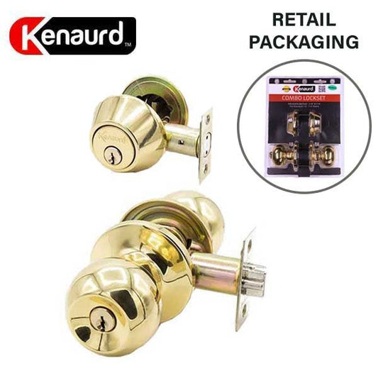 Premium Combo Lockset - Knob & Double Cylinder Deadbolt - Entrance - Polished Brass - Retail Packaging - KW1 / SC1 - Grade 3