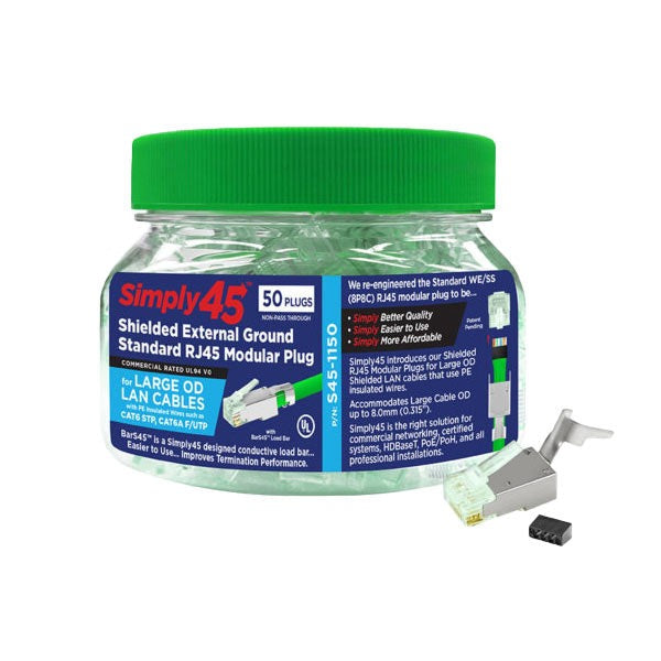 Simply45 - S45-1150 - Shielded - External Ground Standard WE/SS (8P8C) RJ45 Modular Plugs - Green Tint - Commercial Rated - w/ Bar45 Load Bar - for Large OD Cat6 STP / Cat6A F/UTP - Jar of 50