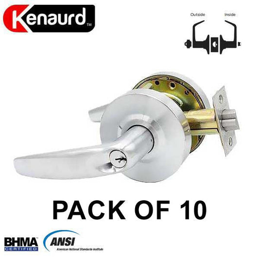 10 x Commercial Lever Set Handle - Contemporary Design - 2-3/4” Standard Backset - Satin Chrome - Entrance - Grade 2 (Pack of 10)