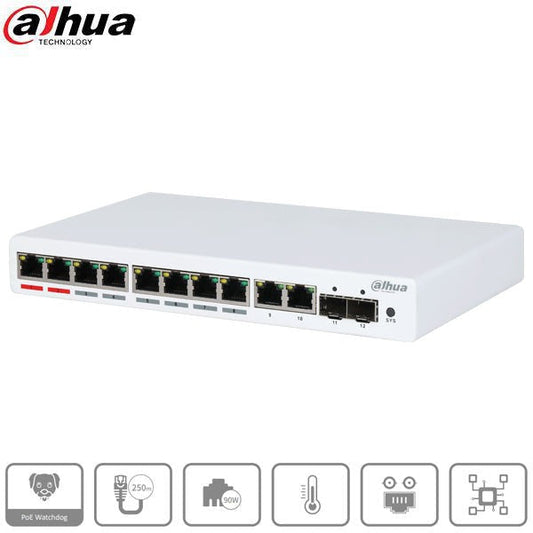 Dahua / PoE Ethernet Switch / 12-Port / 8-Port PoE / 250m PoE / Managed / 5 Year Warranty / DH-PFS4212-8GT-96
