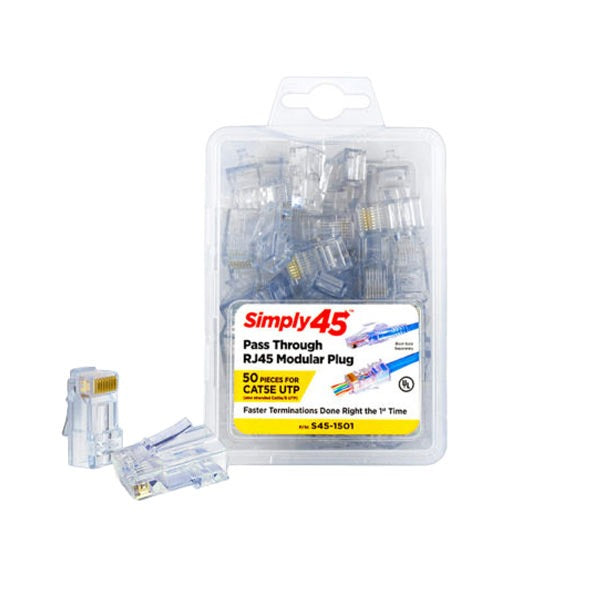 Simply45 - S45-1501 - Unshielded - Pass-Through RJ45 Modular Plugs - Blue Tint - Commercial Rated - for Cat5e UTP Solid / Cat5e/6 Stranded - Clamshell of 50