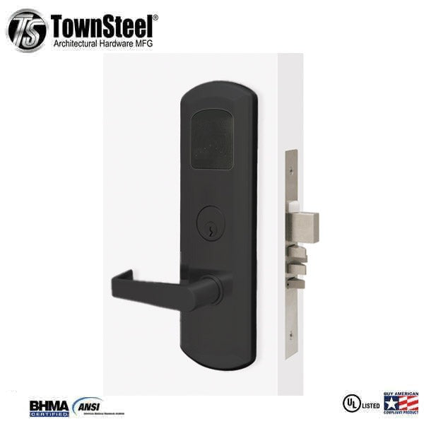 TownSteel - E-Kontos 1B 5000 Series Mortise Lock - Bluetooth - Automated Deadbolt - 2-3/4′′ Backset - Quest Lever Set - Right Handed - Flat Black - Keyed Different - Grade 1