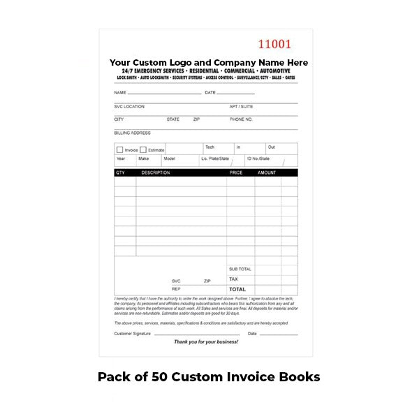 Custom Branded Locksmith Invoice / Receipt Books (50 Pack)