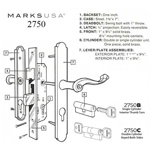 Marks USA - Thinline Series 2750B - Ornamental Iron Mortise Lockset - Sgl Cylinder - Backset: 1" - Entrance - 26D - Satin Chrome - LH/RH