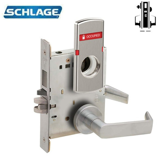 Schlage - L9485B - L Series Mortise Lockset w/ Deadbolt - Faculty Restroom - Less SFIC - Vacant / Occupied Indicator - Fire Rated - Satin Chrome - Grade 1