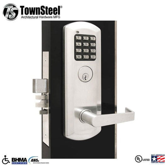 TownSteel - XME-2050 - Electronic Mortise Lockset w/ Keypad - Deadbolt - 2-3/4" Backset - Rigid Lever Set - Sentinel Lever - Fired Rated - Satin Chrome - Grade 1