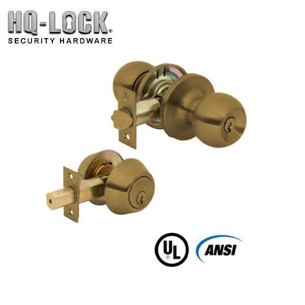HQ LOCK - Entry Lockset - Deadbolt Combo Set - Single Cylinder - Antique Brass - Optional Keyway