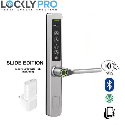 Lockly Pro - PGD228WSLSS - GUARD - Slide Edition - Narrow Stile - Athena Biometric Electronic Double Hook Mortise Lever Set - Backset 1-3/8" - RFID - Fingerprint Reader - Wi-Fi - Bluetooth - Stainless Steel