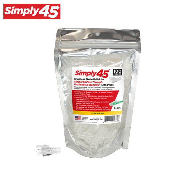 Simply45 - S45-B002 - Integrated Strain Reliefs - Clear - Commercial Rated - for Simply45 Unshielded Pass-Through / Standard RJ45 Cat6/Cat6a Modular Plugs - Resealable Bag of 100