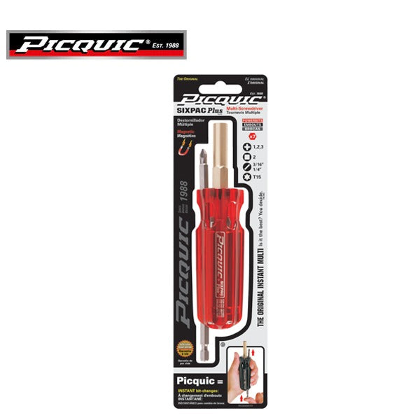 PICQUIC - Sixpac Plus - Multi Bit Screwdriver - P 1,2,3 / R2 / S 3/16",1/4" / T15 (1/4" hex bits)