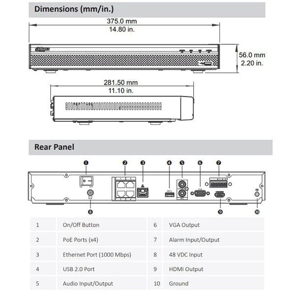 Dahua / 4-Channel / 8MP / PoE NVR / 2 SATA / 2 TB HDD / DH-N42B1P2