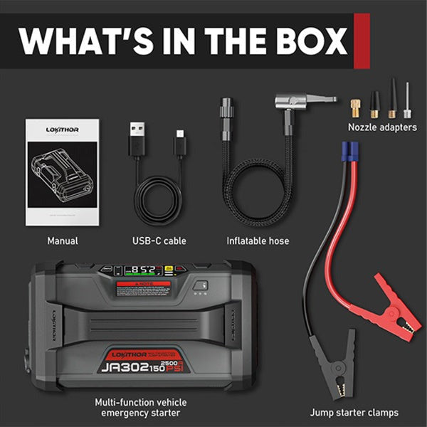 LOKITHOR - JA302 - Lithium Jump Starter - 150PSI Air Compressor - 2500A - USB Port - w/LED Flashlight - 12V