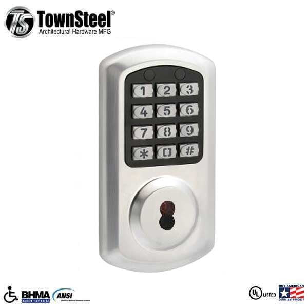 TownSteel - e-Smart-2000 - Electronic Push Button Deadbolt - SFIC - 6 Pin - Satin Chrome - Grade 2