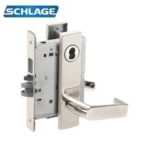 Schlage - L9480B - Storeroom with Deadbolt Mortise Lock - SFIC Prep Less Core - 06 Lever - A Rose - Interior Indicator - Field Reversible - Bright Chrome 625/US26 Finish - Grade 1
