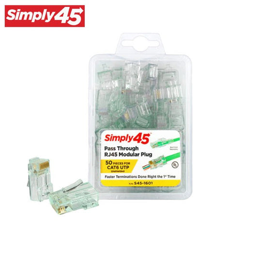 Simply45 - S45-1601 - Unshielded - Pass-Through RJ45 Modular Plugs - Green Tint - Commercial Rated - for Cat6 UTP Solid / Cat5e/6 UTP Stranded - Clamshell of 50
