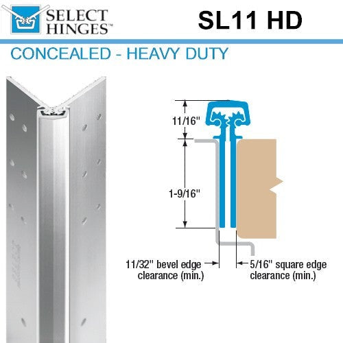 Select Hinges - 11 - 83" - Geared Concealed Continuous Hinge - Aluminum - Heavy Duty - Hospital Tip