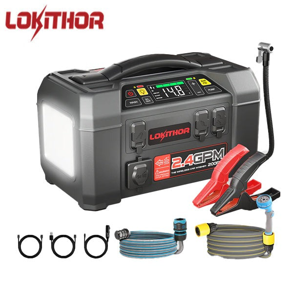 LOKITHOR - AW401 - Lithium Jump Starter with Pressure Washer - 150PSI Air Compressor - 2500A - USB Port - w/ Bright Emergency Llight - 12V