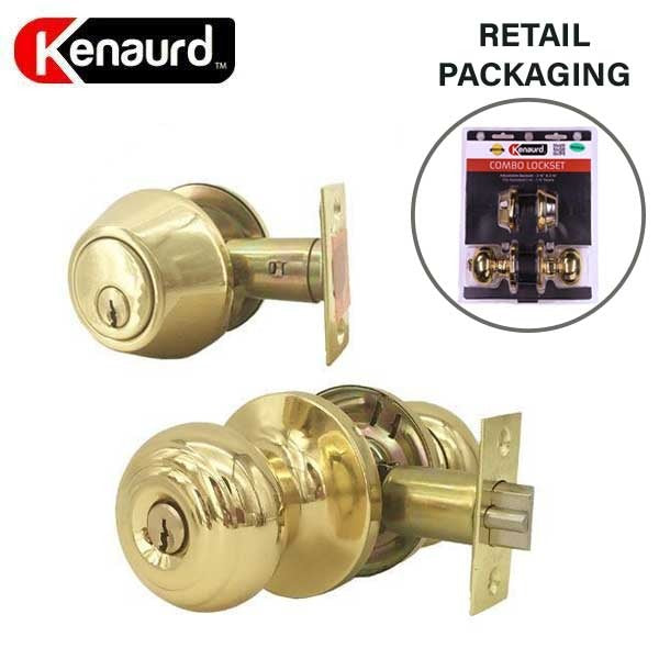 Premium Combo Lockset - Knob & Deadbolt - Entrance - Polished Brass - Retail Packaging - KW1 / SC1 - Grade 3