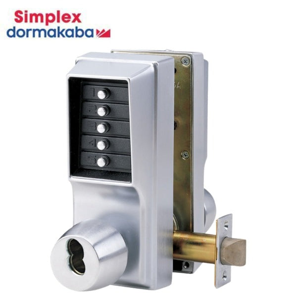 Simplex - EE1021B - EE1011 - Cylindrical Knob Lock - Combination or Key Override Entry - Combination Exit Only - 23⁄4" Backset - 1/2" Throw Latch - Satin Chrome 626/US26D Finish