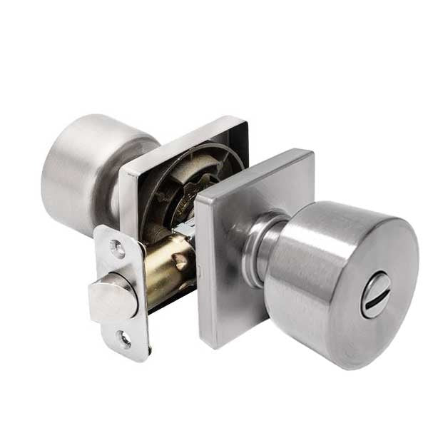 Contemporary Flat Ball Door Knob Set - Privacy - Square Rose - Satin Nickel - Grade 3