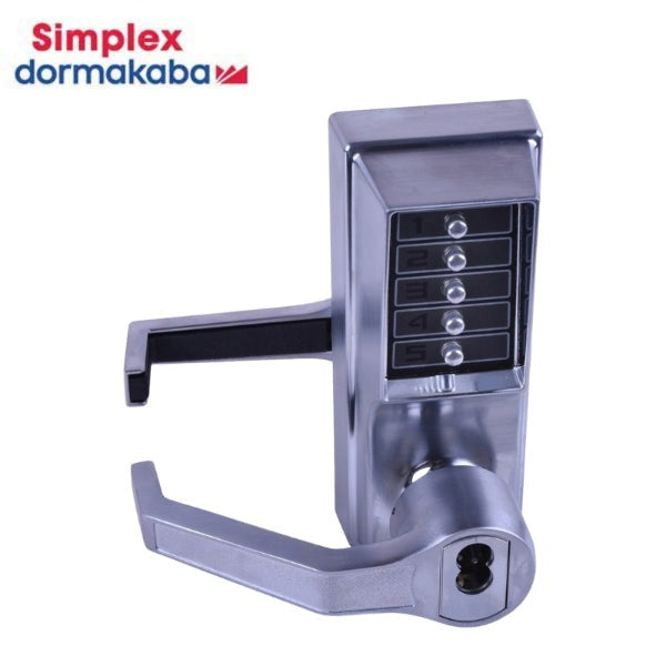 Simplex - LL1076S - Pushbutton Cylindrical Lever Lock - Combination Entry/Privacy Lockout Function with Key Override - 23⁄4" Backset - 3/4" Throw Latch - Schlage FSIC Prep - Less Core - Left Hand/Left Hand Reverse - Satin Chrome 626/US26D Finish