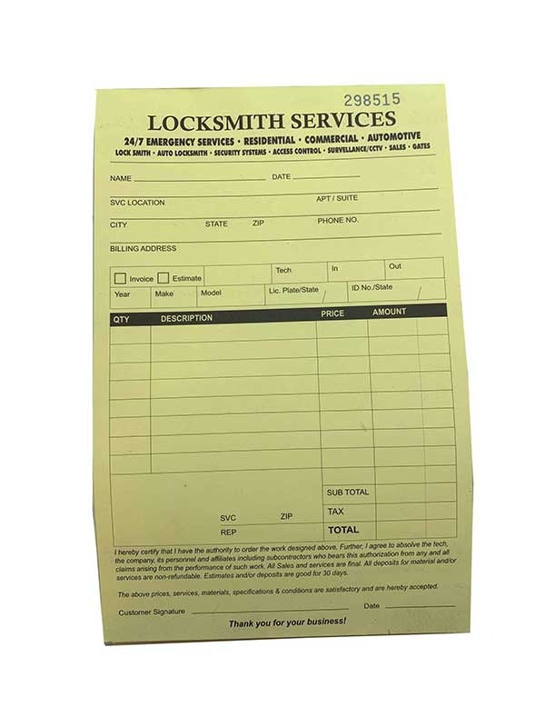 Custom Branded Locksmith Invoice / Receipt Books (50 Pack)