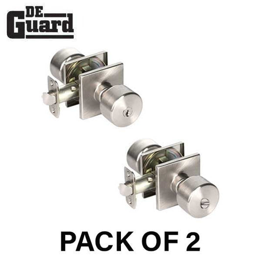 2 x Contemporary Flat Ball Door Knob Set - Entrance - Square Rose - Satin Nickel - Grade 3 (KW1) (Bundle of 2)